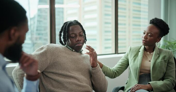 Man, sad or talking in support group for therapy, recovery or rehabilitation in grief counseling. Male speaker, life story or meeting in city for mental health, anger management or healing in session