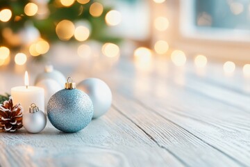 Fototapeta premium Elegant christmas gift box sitting on a wooden surface with christmas tree lights in background