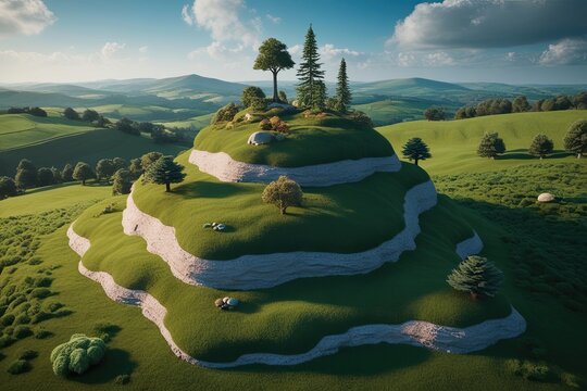 Vibrant 3D Hilltop Ecosystem in Lush Countryside Landscape - Powered by Adobe