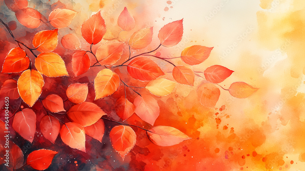Poster a painting of autumn tree with orange leaves. the leaves are spread out and background is a mix of o
