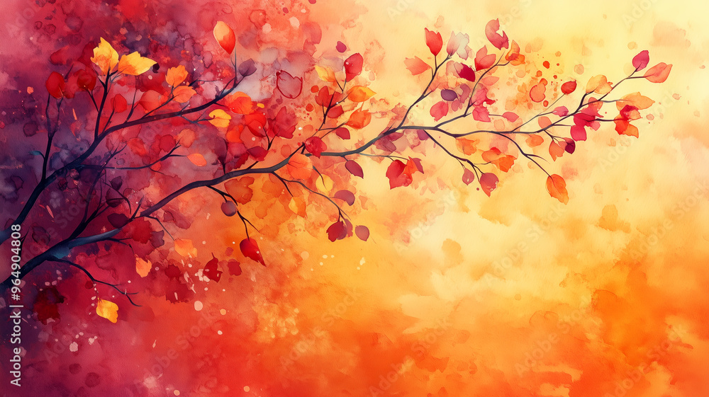 Poster a painting of autumn tree with orange leaves. the leaves are spread out and background is a mix of o