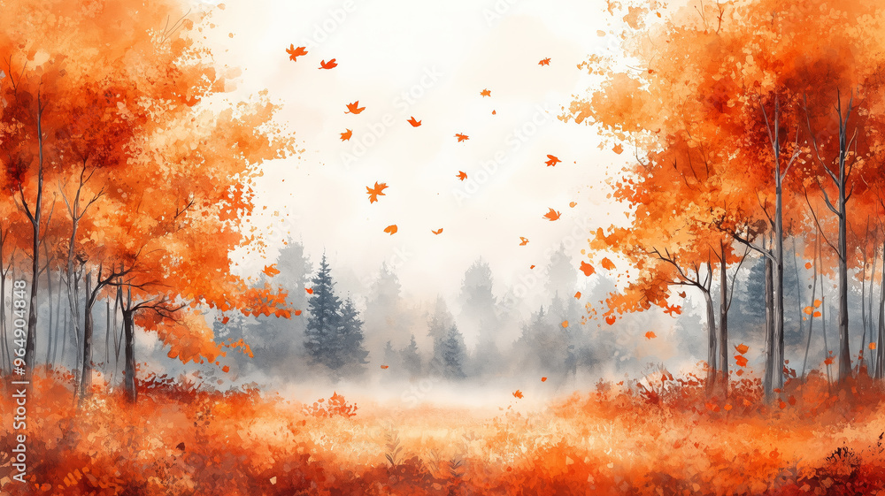 Poster a painting of autumn tree with orange leaves. the leaves are spread out and background is a mix of o