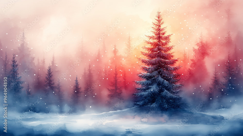 Poster a painting of a christmas tree in a snowy forest. the tree is surrounded by many trees and the sky i