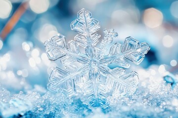 Perfect shaped snowflake standing on snow with blue background