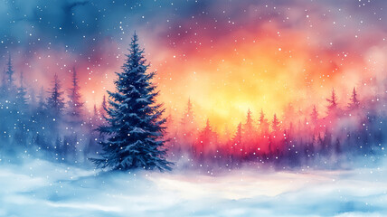 A painting of a Christmas tree in a snowy forest. The tree is surrounded by many trees and the sky is pink and orange. The mood of the painting is peaceful and serene