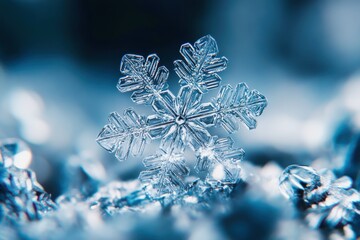 Perfect shaped snowflake standing on snow with blue background