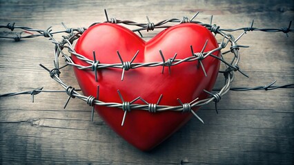 Red heart enclosed in barbed wire symbolizes pain, love and struggle on wooden texture background
