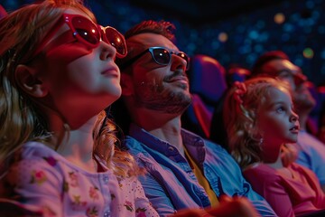 Obraz premium Joyful family experience parents and their daughter enjoying a movie together at the cinema
