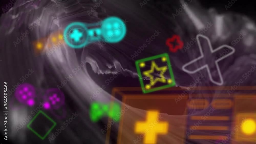 Poster animation of colourful shapes and icons on black background
