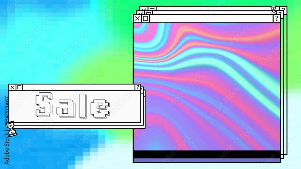 Poster animation of digital interfaces with sale text and colourful shapes on colourful background