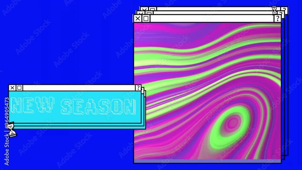 Poster animation of digital interfaces with new season text and colourful shapes on blue background