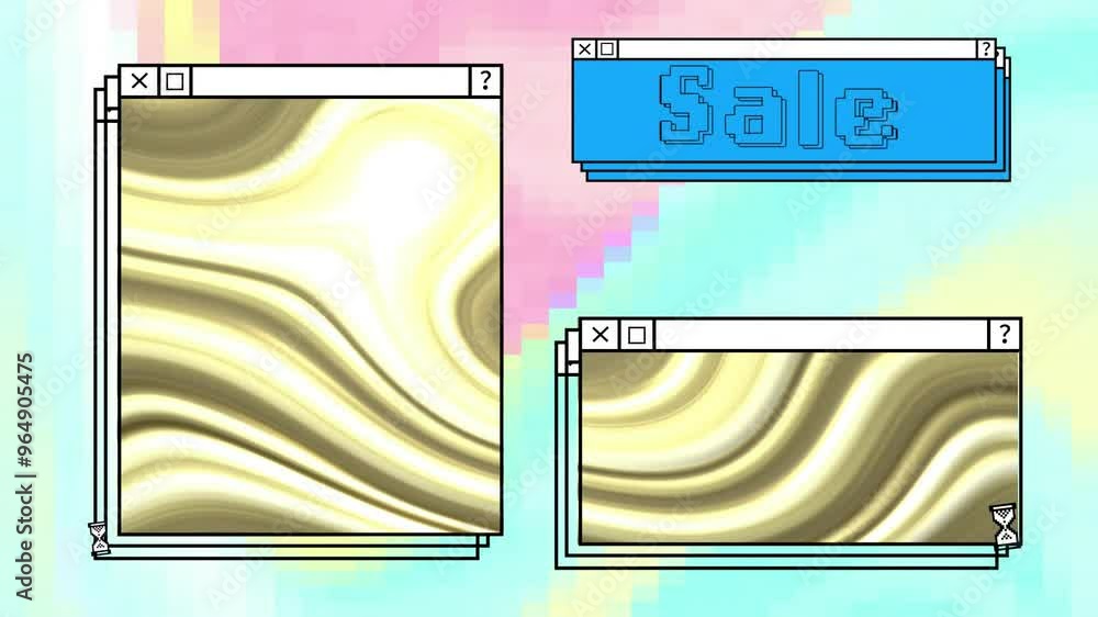 Poster animation of digital interfaces with sale text and golden shapes on colourful background