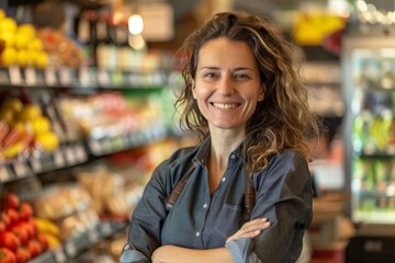 Cheerful female supermarket manager posing confidently for the camera in store environment