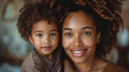 Mother and young child with curly hair smiling warmly at the camera, sharing a tender and joyful moment in a cozy, indoor setting