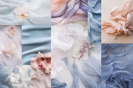 Dreamy ethereal mood board featuring soft pastel textures and flowers for creative inspiration.