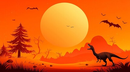 Fototapeta premium Halloween Dinosaurs raptor chasing trick-or-treaters, eerie Halloween setting, flat design illustration