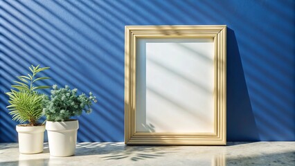 Painting with white canvas and wooden frame with flowers nearby in minimalist style on blue background