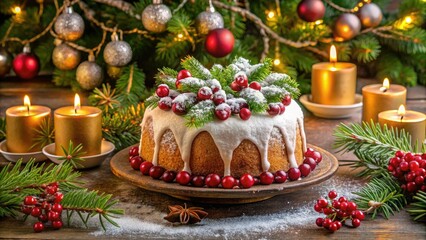 A festive holiday table setting featuring a snow-dusted Christmas cake adorned with crimson berries, golden decorations, and surrounded by evergreen branches and candles.