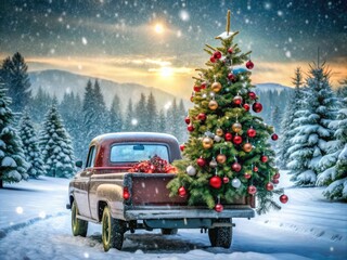 A festively decorated evergreen Christmas tree secured to the bed of a pickup truck, against a blurred winter wonderland background with snowflakes gently falling.