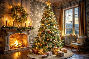 A lush, snow-tipped, golden-lit Christmas tree stands tall in a cozy room, adorned with ornaments, garlands, and a sparkling star atop, surrounded by festive decorations.