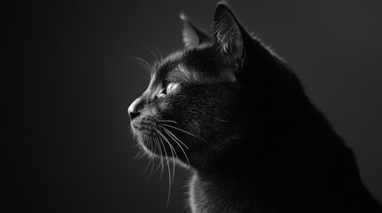 Black cat in shadowy light, side profile. Mystery and elegance concept