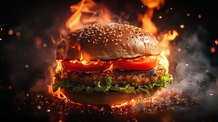 Beautiful fresh grilled chicken burger on the table with fiery flames background