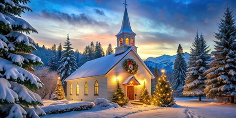 A serene winter wonderland scene featuring a snow-covered church with towering steeple, surrounded by evergreen trees and adorned with festive holiday lights and wreaths.