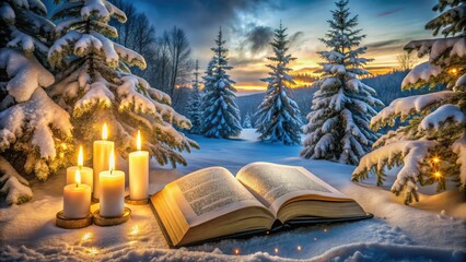 Obraz premium A serene winter wonderland scene with snow-covered trees, illuminated by soft candlelight, featuring a open Bible with a highlighted Christmas scripture in golden font.