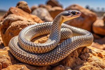 Obraz premium A slender Western Racer snake coils on a sun-baked rock, its brown and gray scales glistening, as it surveys its arid desert habitat landscape.