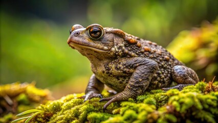 A small western toad perches on a moss-covered rock, its warty brown skin blending with the forest floor's earthy tones in a serene natural setting.