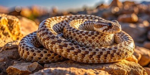 Naklejka premium A small, non-venomous western hognose snake, Heterodon nasicus, curls up on a rocky outcropping, its brown and white scales glistening in the warm desert sunlight.