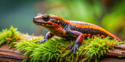 Fototapeta premium A solitary western redback salamander with vibrant orange and black stripes rests on a moss-covered log in a misty, emerald-green forest undergrowth habitat.