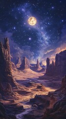 A Canyon Under a Starry Night Sky with a Full Moon