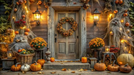 Obraz premium A spooky yet inviting Halloween porch scene featuring DIY decorations, including cobweb-covered lanterns, pumpkins, and a wreath made of dried flowers and twigs on a vintage door.