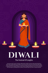 Flat illustration of indian woman celebrating diwali