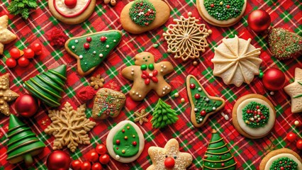 Fototapeta premium A whimsical holiday scene featuring a festive red-and-green plaid background with an assortment of freshly baked cookies, candies, and sprinkles arranged in a decorative pattern.
