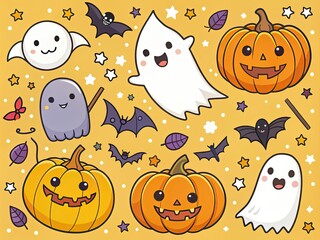Colorful and playful Halloween illustrations of ghosts, bats, and jack-o-lanterns, featuring simple lines and shapes, perfect for young children's creative projects and decorations.