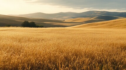 Obraz premium A field of golden oats glowing in the late afternoon sun, with gentle hills in the distance.