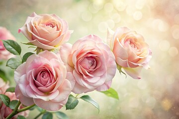 Delicate, dreamy pink watercolor roses bloom against a soft, creamy background, their petals subtly blended and textured, evoking a sense of whimsical, romantic elegance.