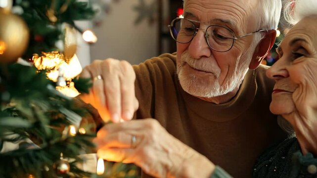 Happy ederly couple decorating christmas tree at home, christmas night warm romantic scene