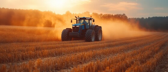 Fototapeta premium Tractor cultivating golden wheat fields at sunset near rural farm