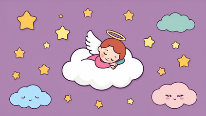 Little cartoon angel sleeping on a cloud, flat design illustration
