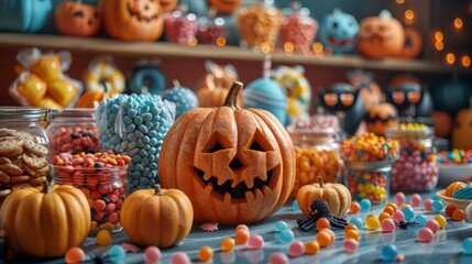 Festive treat on the counter of the store for Halloween with colorful candies, treats and decorated cookies on the table with playful decorations in the form of mini pumpkins
