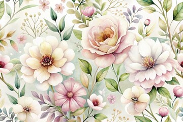 Delicate, softly colored watercolor blooms with intricate petals and subtle texture, scattered across a creamy white background, evoking a sense of whimsical, effortless elegance.