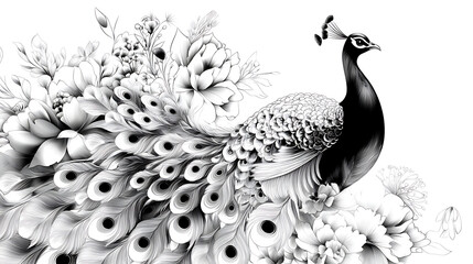 Fototapeta premium A majestic peacock with its tail feathers spread wide, surrounded by delicate floral patterns, in a striking black and white illustration.