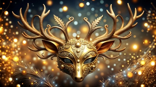Ornate golden deer mask with antlers against a sparkling background for festive celebrations