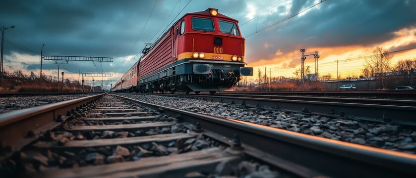 Red locomotive travels along railway tracks at sunset - Powered by Adobe