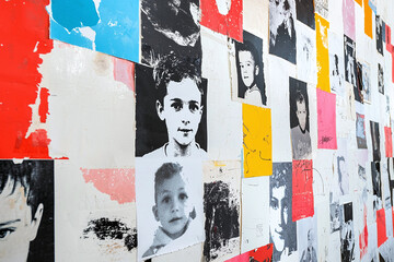 a wall covered with missing children posters, each featuring a child's photo and details