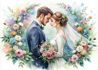 Ethereal watercolor illustration of blissful newlyweds surrounded by floral arrangements, softly blending colors, and whimsical details, capturing the romance and magic of a dreamy wedding day.