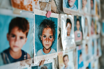 a wall covered with missing children posters, each featuring a child's photo and details